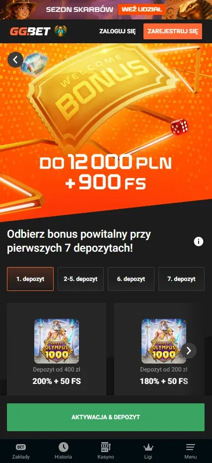 Panel bonusów w kasynie GGBet z widoczną promocją bez depozytu